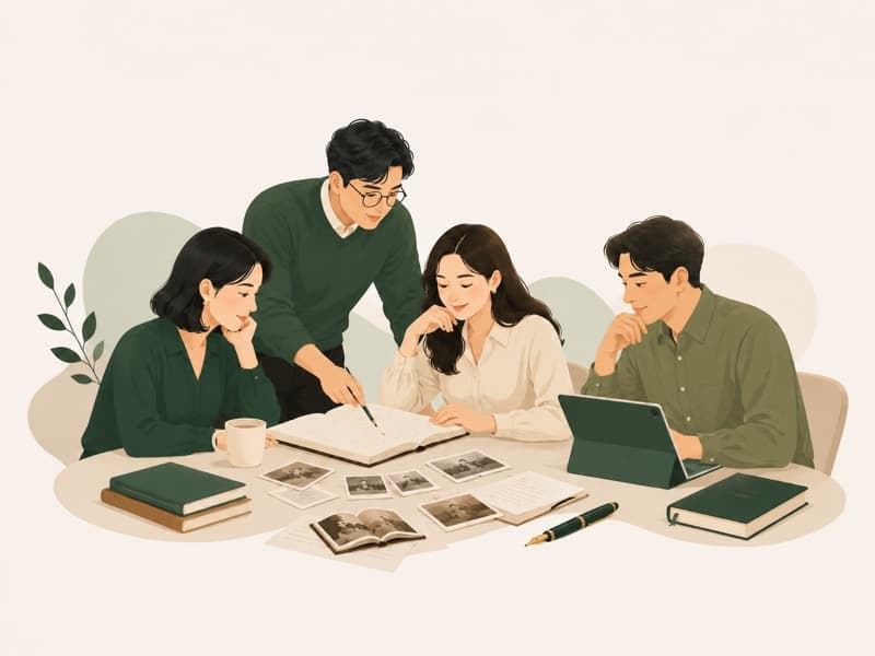 团队共同翻阅回忆录的插图